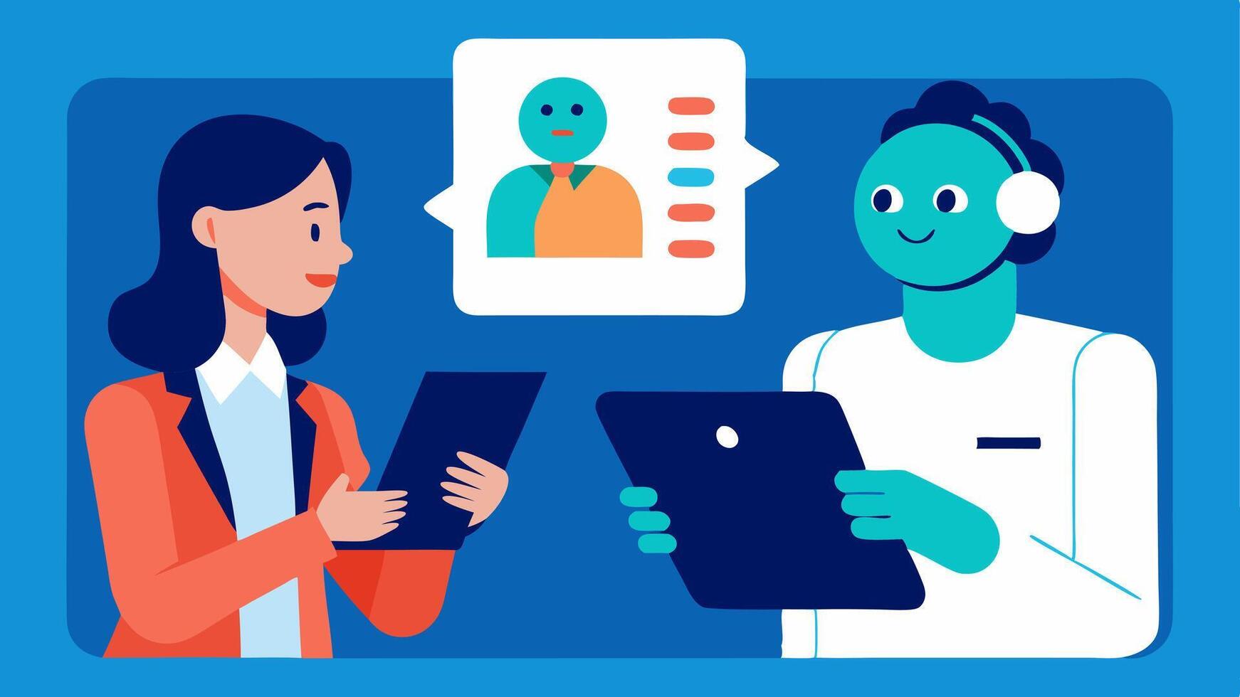 Interview Preparation An AI assistant preparing interview questions on a digital tablet with a candidate reviewing them on a separate device symbolizing remote job preparation.. vector