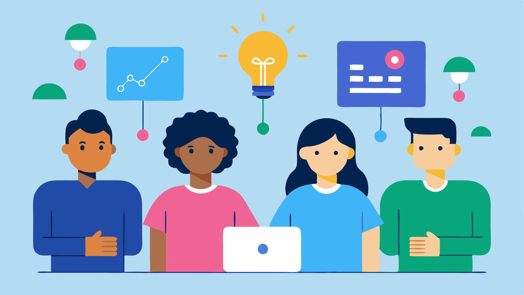 Collaborative Learning A diverse group of students working together on a project with an AI guiding them by suggesting how to merge different ideas based on their individual. vector