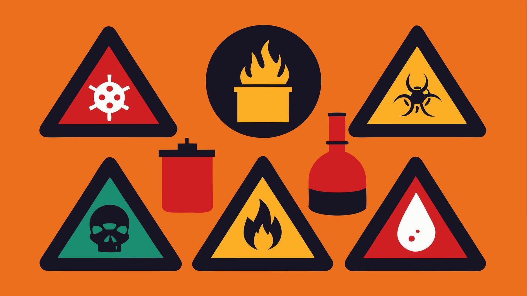 Warning Labels A series of illustrated warning labels similar to ones seen on hazardous materials but instead they depict various viral challenges e.g. fire heights water with. vector
