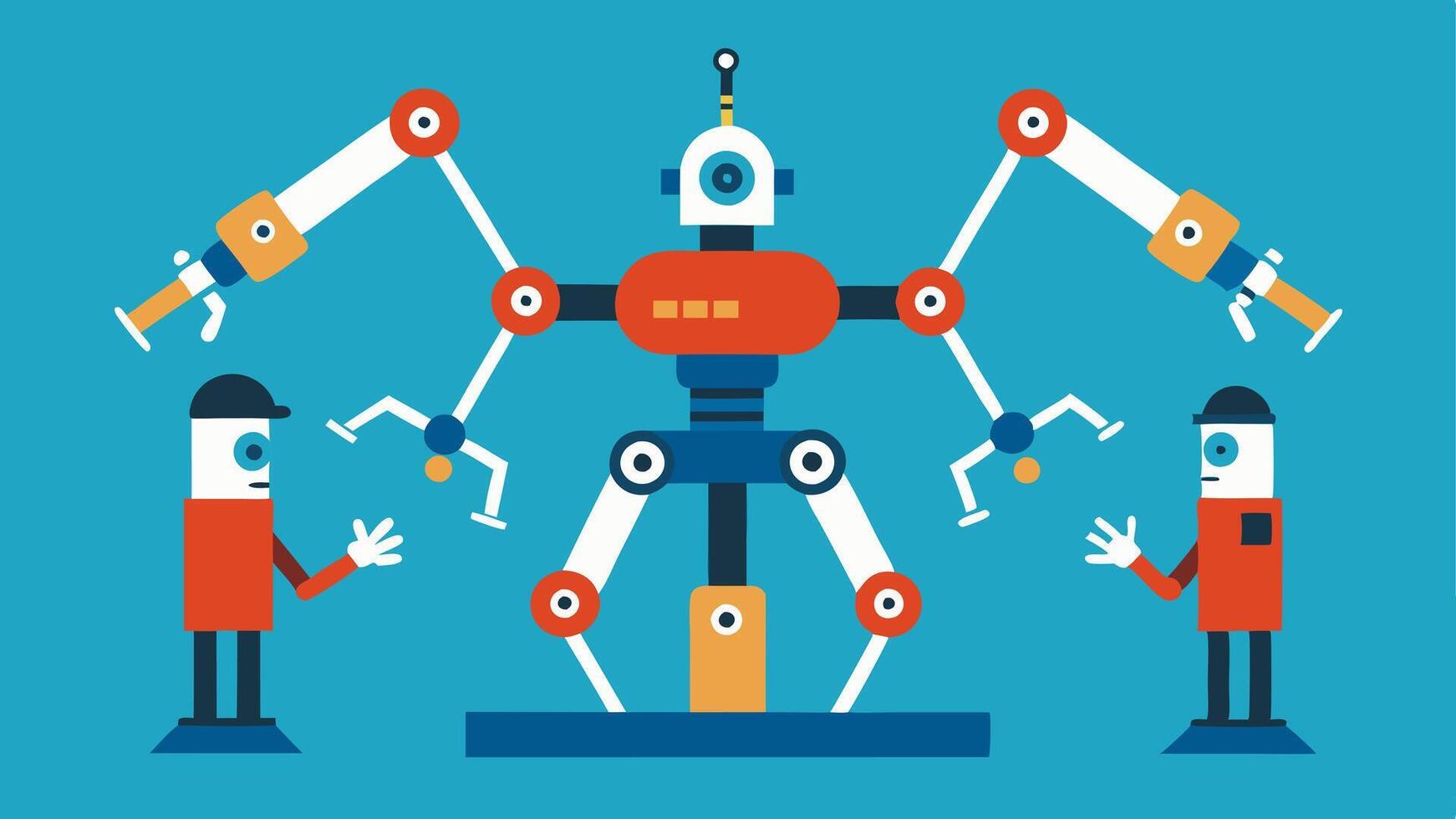 Multiple Arms at Work A scene where multiple robotic arms collaborate on a complex surgical task each handling different instruments and tools demonstrating teamwork in robotic .. vector