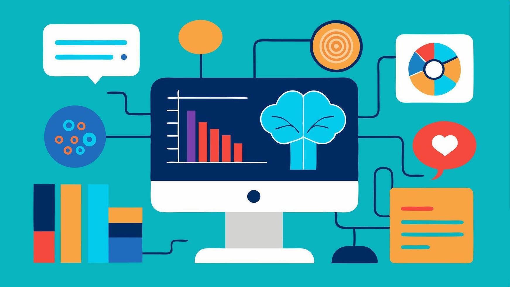 médico datos análisis un computadora pantalla mostrando un manojo de gráficos y cartas etiquetado con médico condiciones con un ai figura me gusta un cerebro con circuitos analizando el datos.. vector