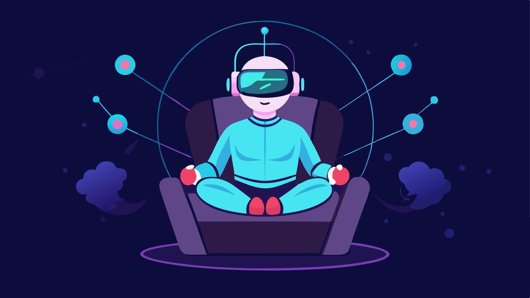 Neural Network Gaming A player sits in a futuristic gaming chair fully engaged in a VR mode. Glowing neural paths show how their thoughts control characters and gameplay with. vector
