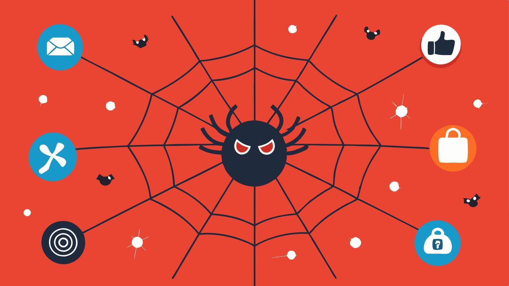 Web of Lies A spider web with various social media icons caught in it and small flies symbolizing people being ped by the misinformation spread.. vector