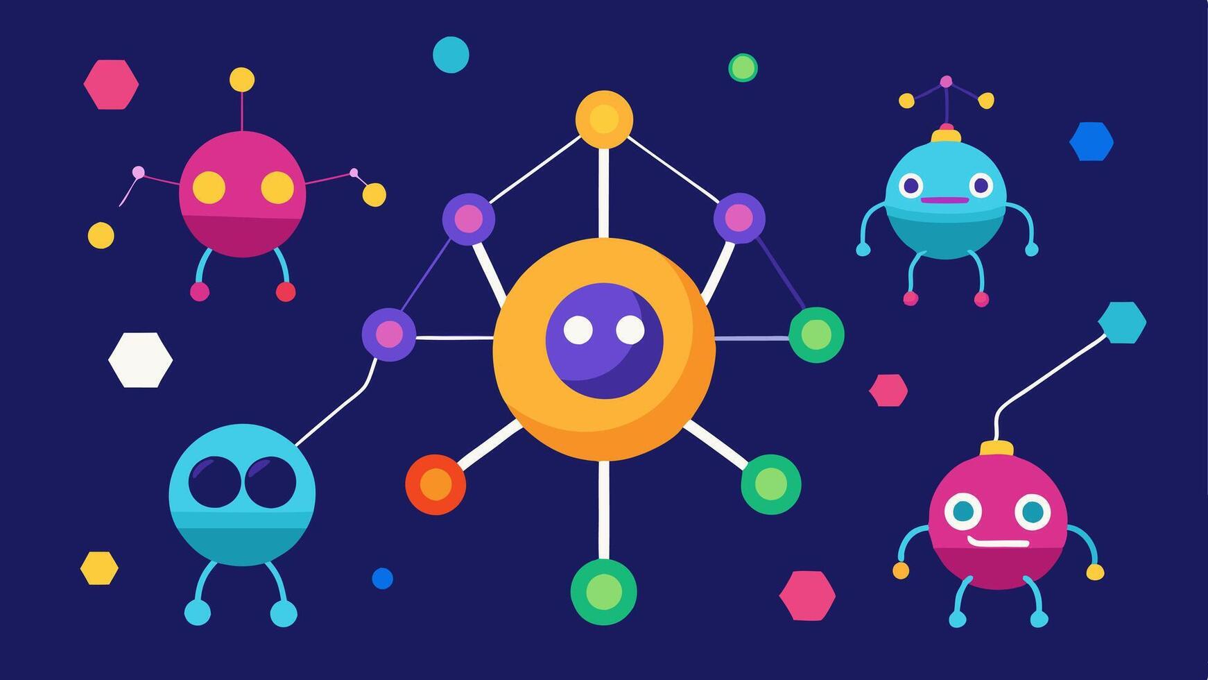 NanoRobots Construction A scene depicting tiny robotic arms assembling molecular structures with colorful atoms and molecules floating around.. vector