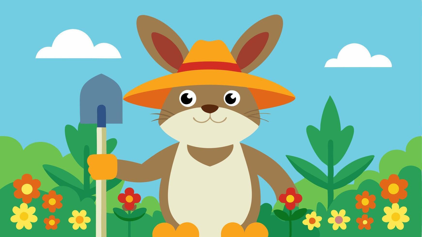 Gardening Rabbit A cheerful rabbit kneels in a garden wearing a widebrimmed straw hat and gardening gloves. The rabbit holds a small spade in one paw and is surrounded by colorful. vector