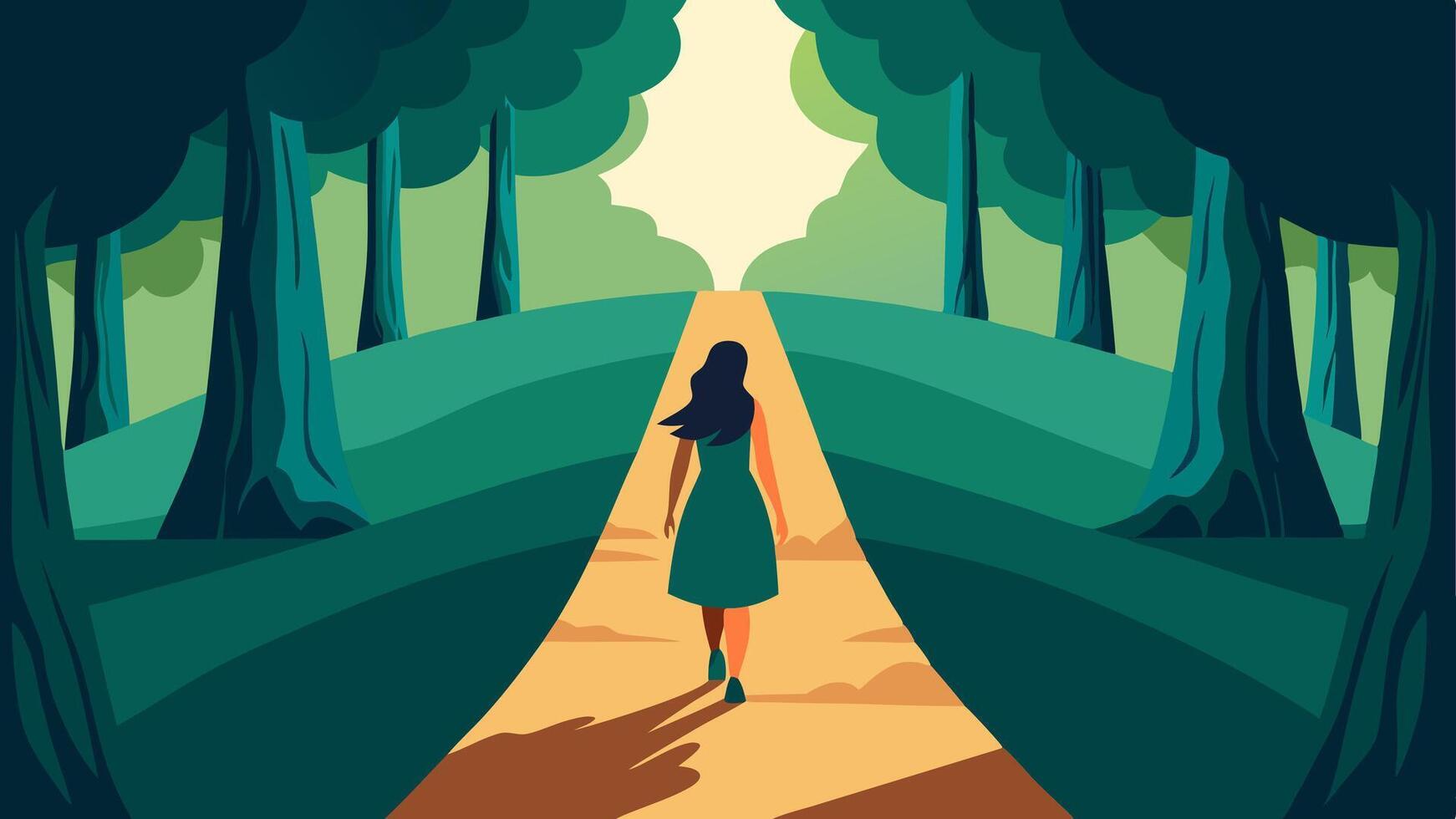 Journey to Freedom A path leading through a forest with a woman walking confidently down the trail. The sunlight filters through the trees symbolizing the journey toward safety and. vector