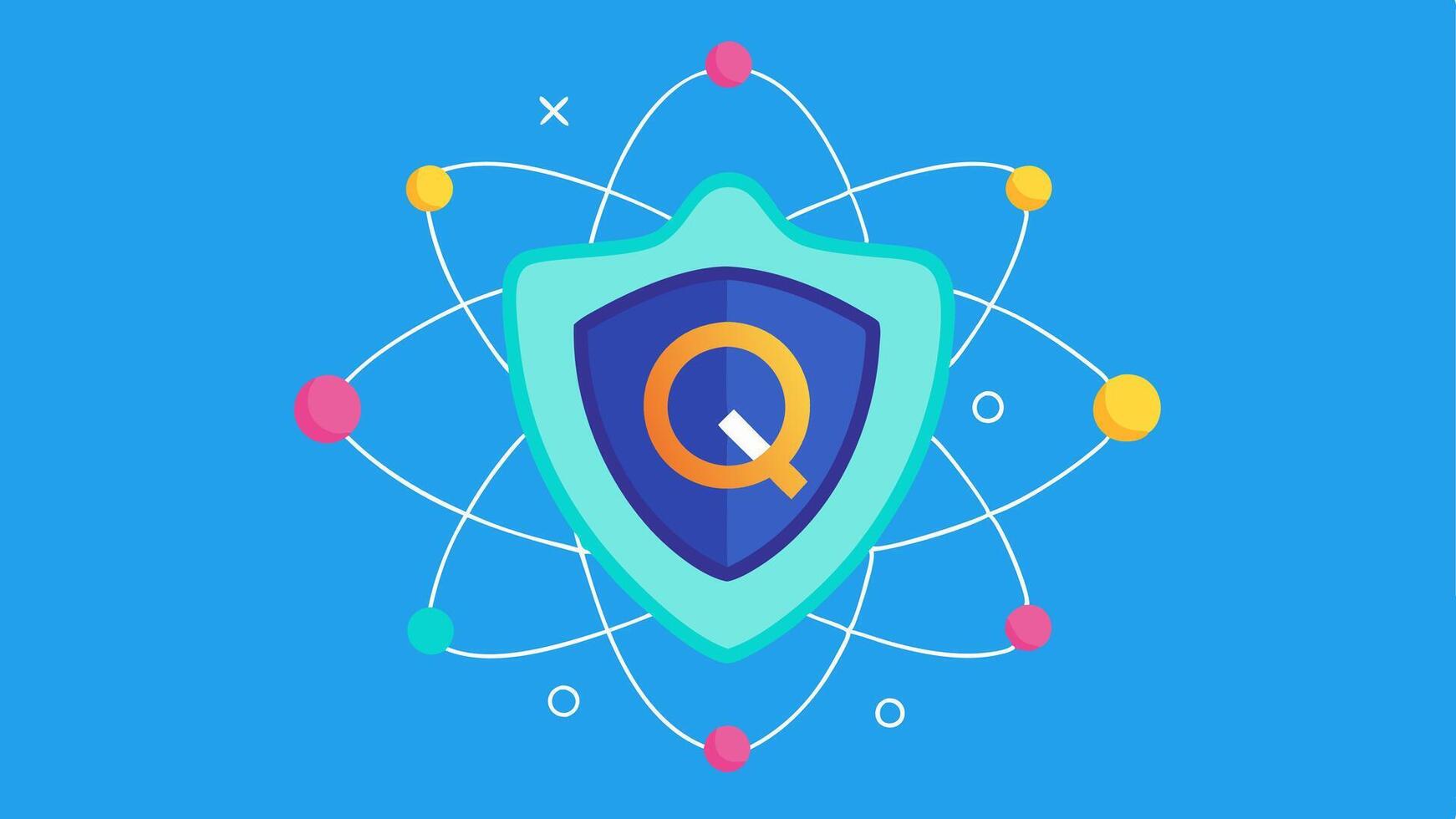 Noise Resiliency An illustration of a qubit surrounded by chaotic shapes representing noise yet held steady by a protective shield symbolizing the resilience of quantum states. vector