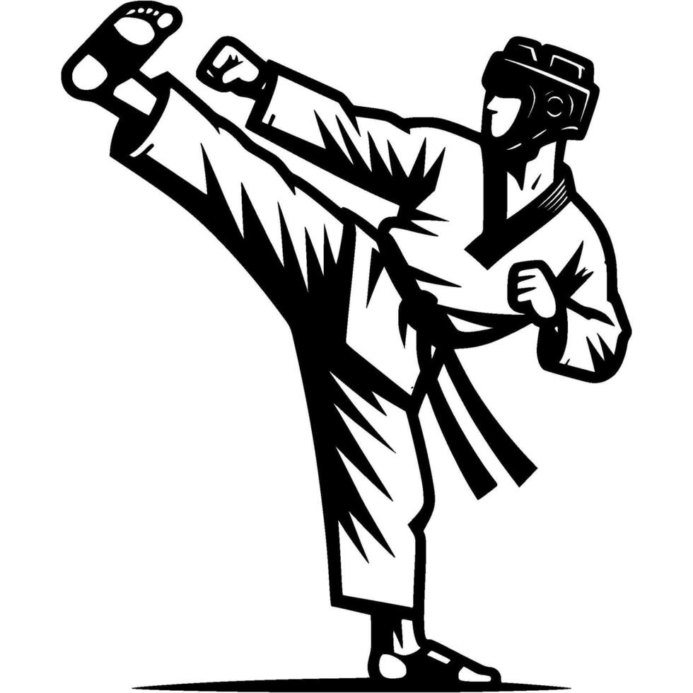 Sport emblem of taekwondo athlete kicks in protective gear and helmet in monochrome. Engraving minimalistic image in black ink drawing on white background vector