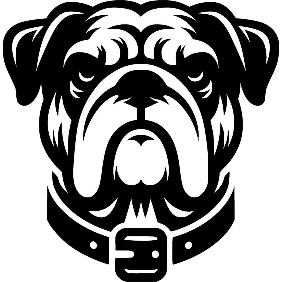 Tattoo of serious Bulldog dog head in monochrome. Bulldog dog portrait in collar. Engraving minimalistic image in black ink drawing on white background vector