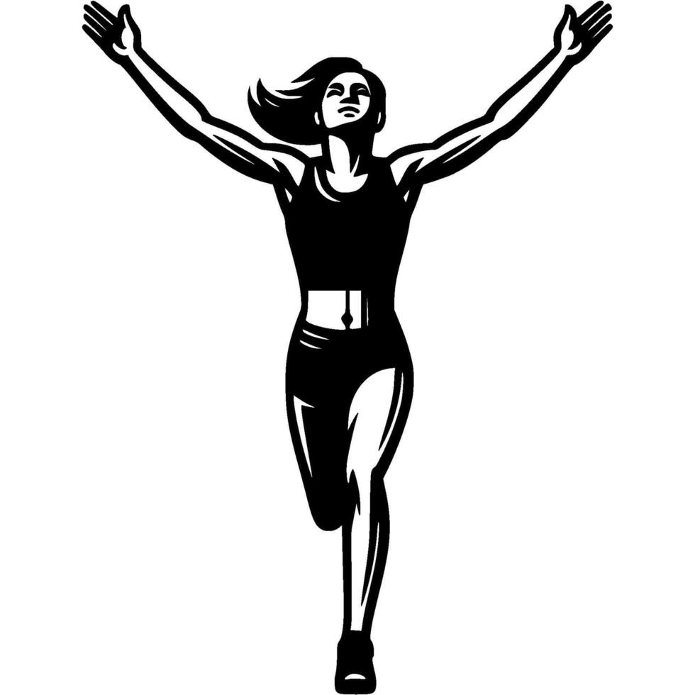 Sport emblem of female track and field athlete finishes race with her hands raised joyfully in monochrome. Engraving minimalistic image in black ink drawing on white background vector