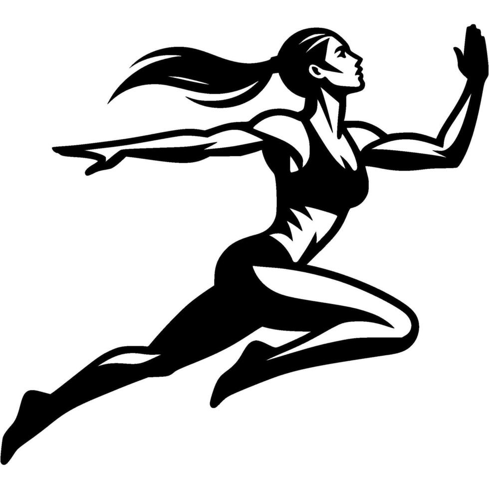 Sport emblem of sprinter girl finishes short distance with power in monochrome. Engraving minimalistic image in black ink drawing on white background vector