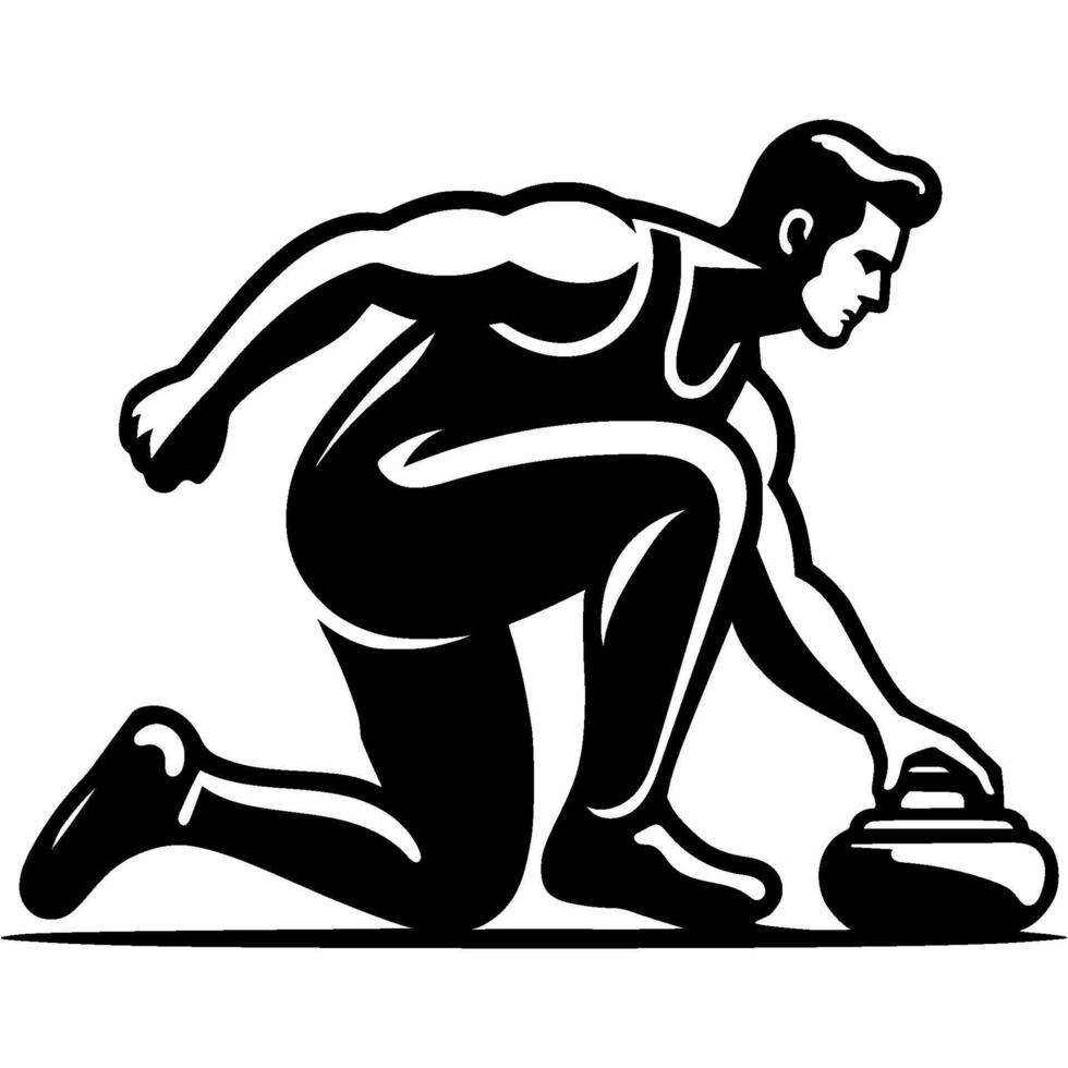 Sport emblem of curler athlete pushes marble stone for playing curling side view in monochrome. Engraving minimalistic image in black ink drawing on white background vector