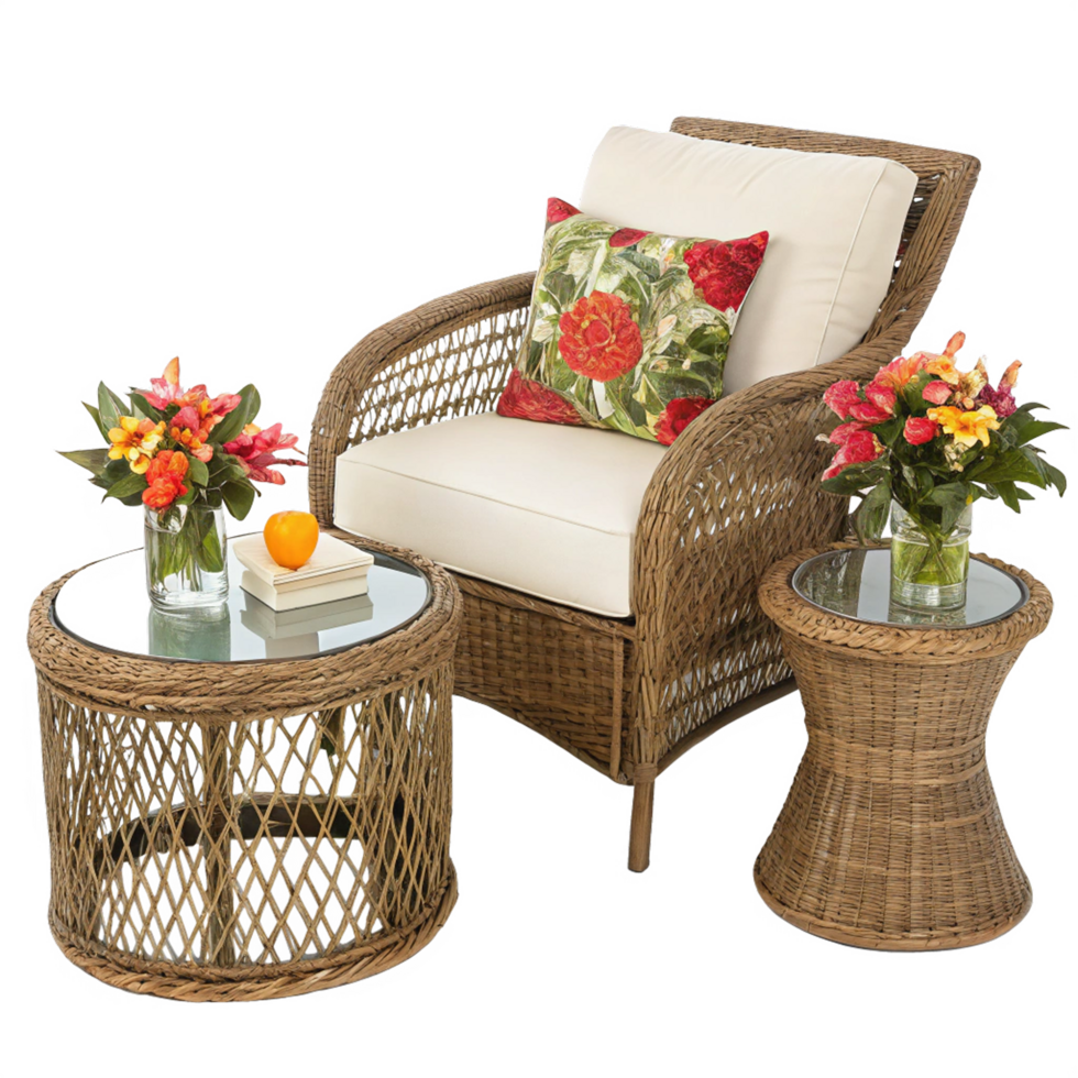 Relaxing rattan chair and side table set with flower png