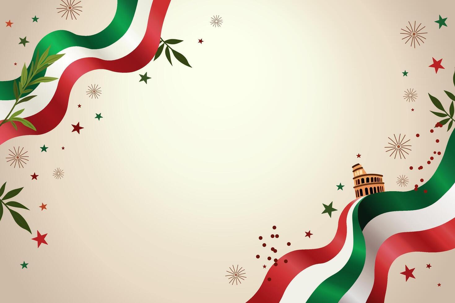 The Italian flag waving as a background with a small colosseum, strewn with stars and foliage. vector