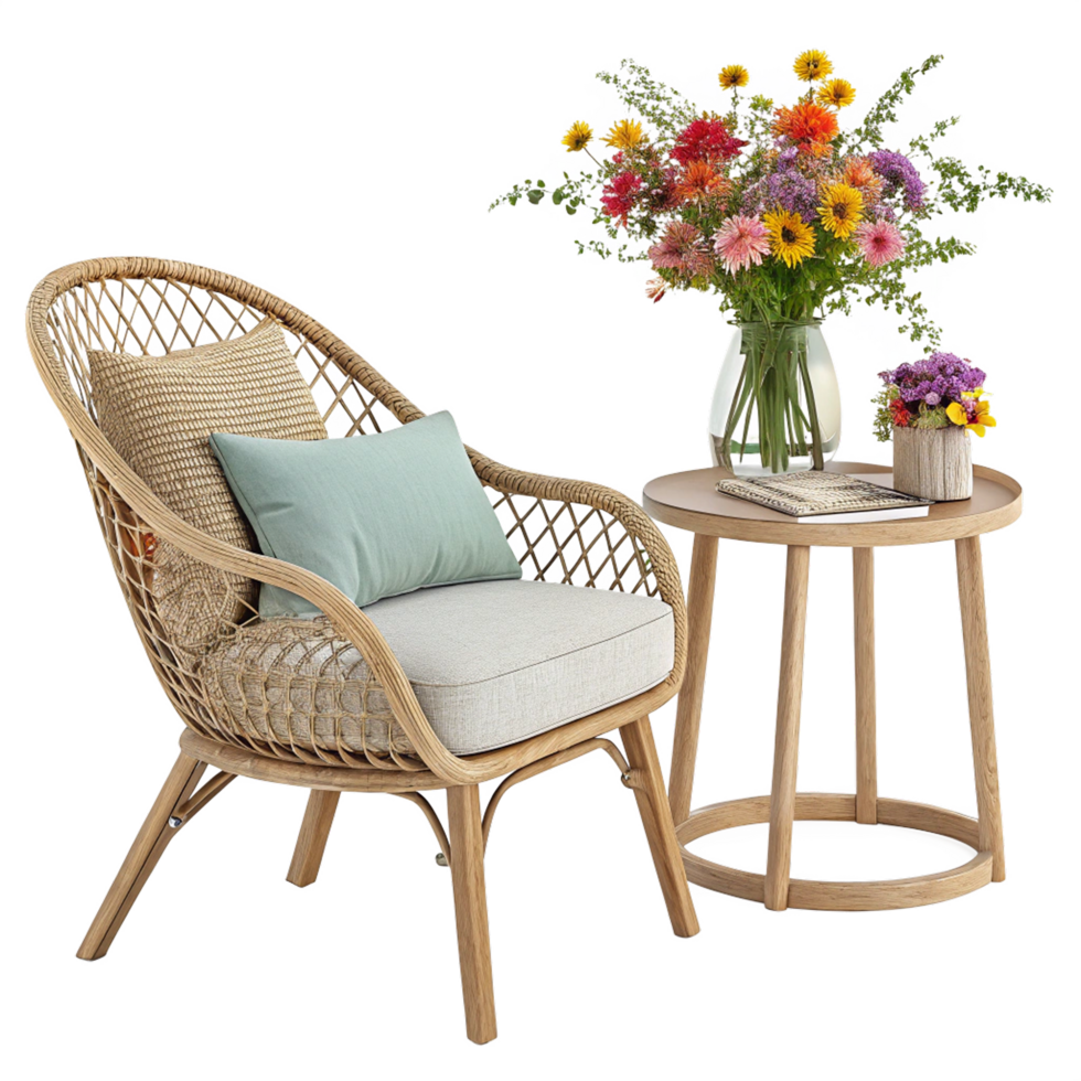 Relaxing rattan chair and side table set with flower isolated png