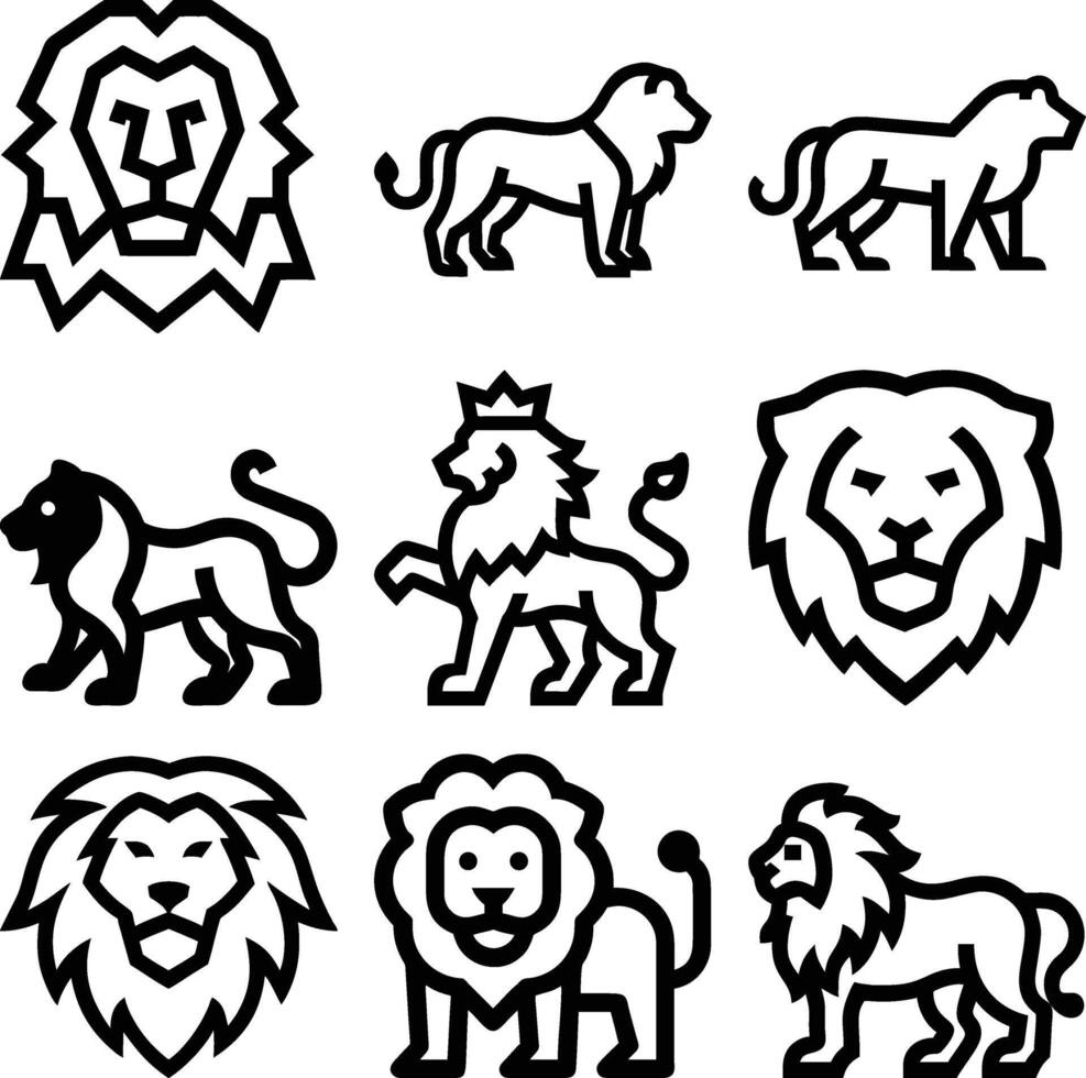 Nine black and white lion logo designs vector