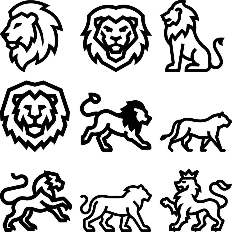 Nine Black Line Art Lion Designs vector