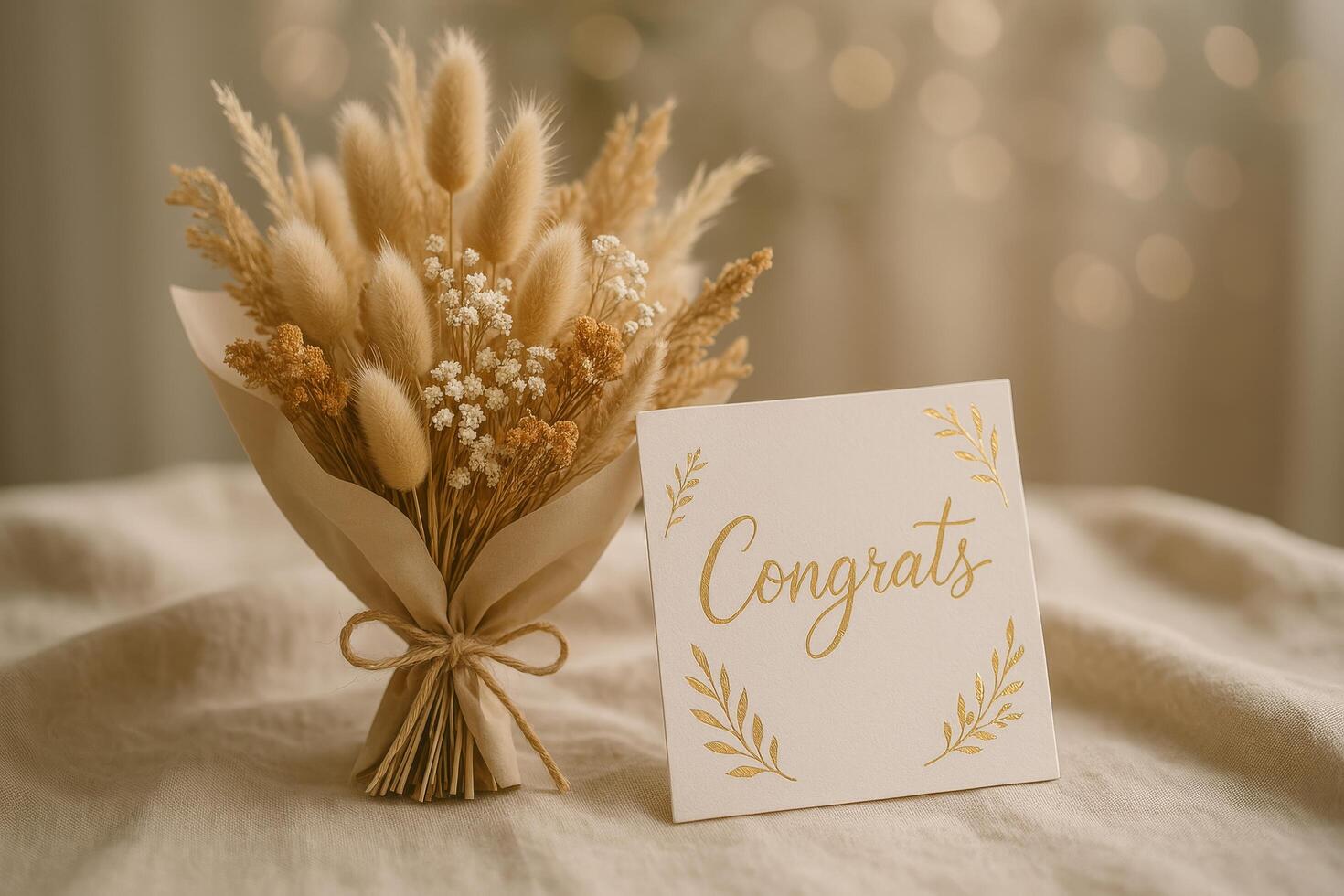 Beautiful Dried Flower Bouquet With a Congratulatory Card on a Soft Table Setting photo