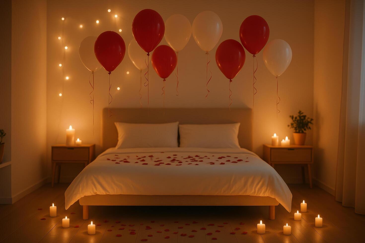 Romantic Bedroom Decorated With Red Balloons and Candles for a Special Occasion photo