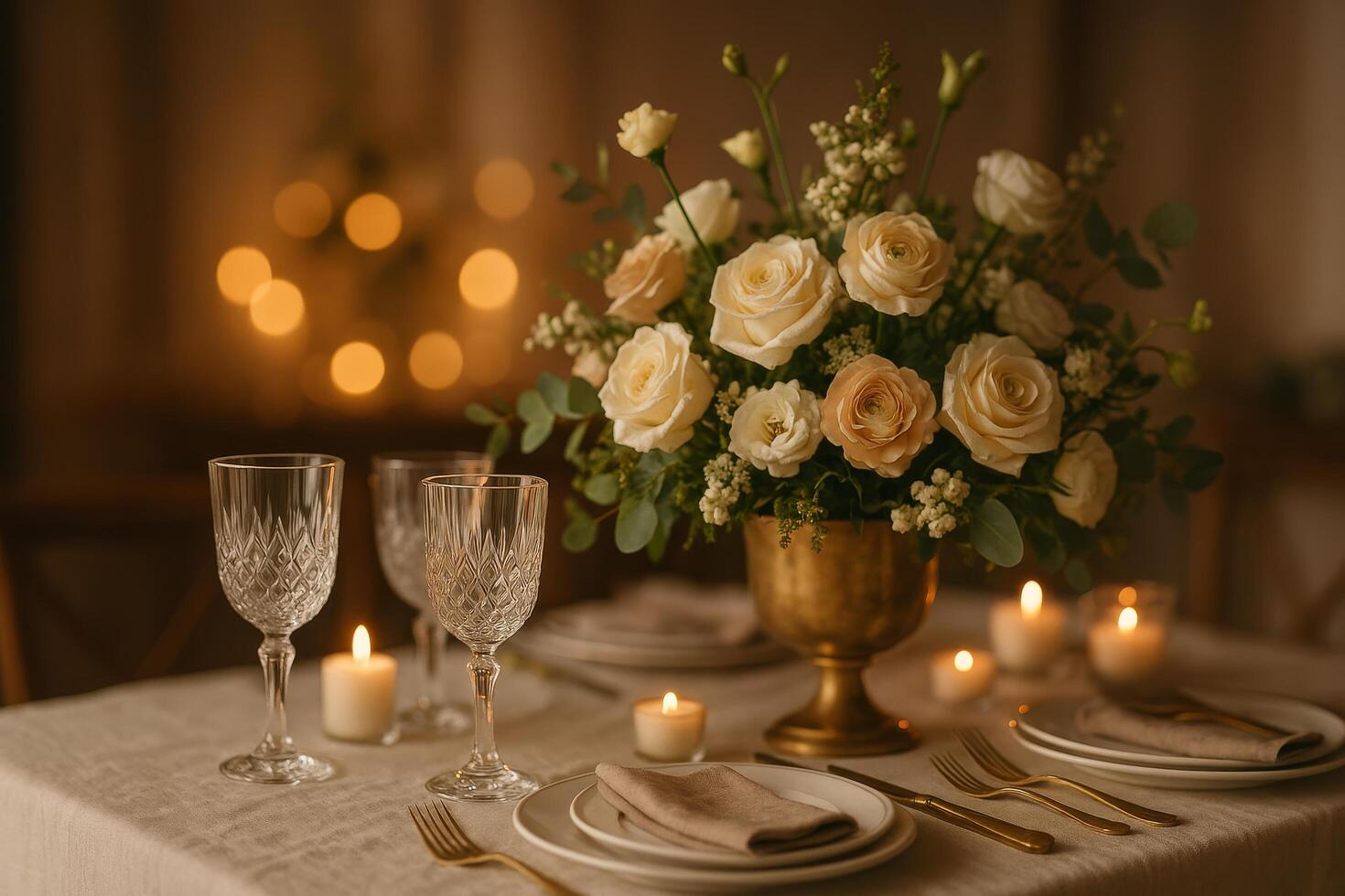 Elegant Dining Table Setting With Floral Arrangement and Soft Candlelight Ambiance for Evening Gathering photo