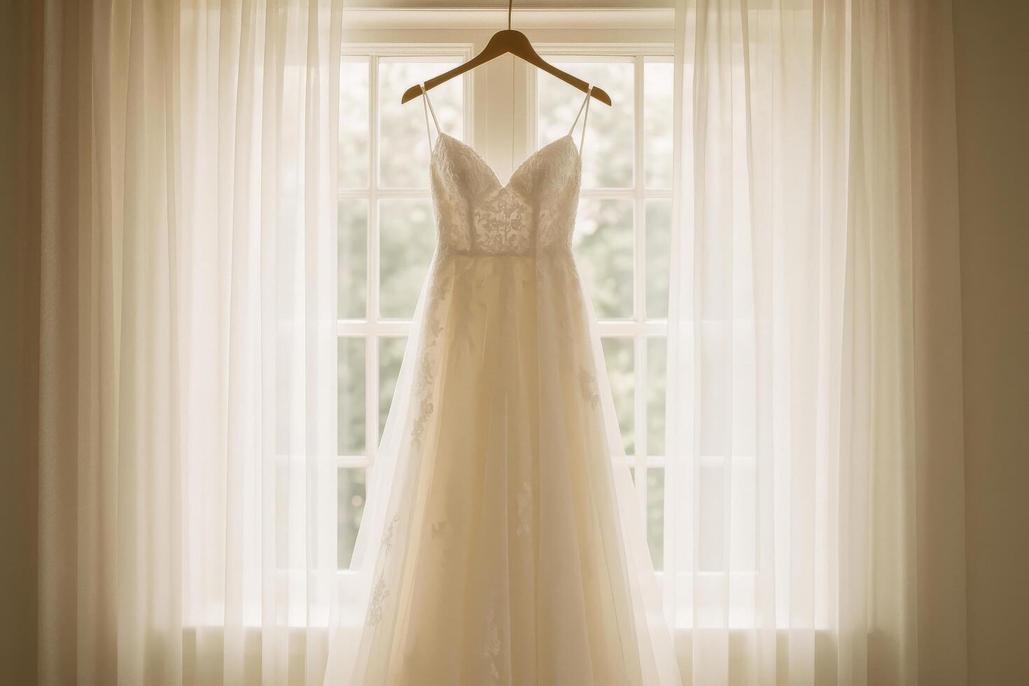 Elegant Wedding Dress Hanging Near a Bright Window With Soft Curtains in a Serene Indoor Setting photo