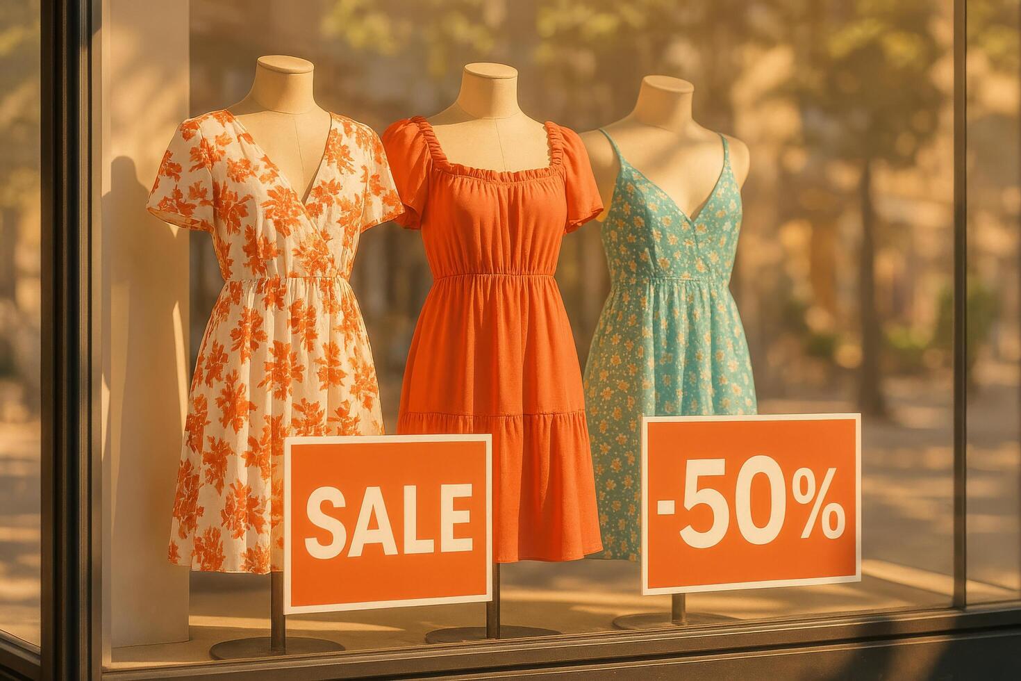 Fashionable Summer Dresses Displayed in a Store Window With Attractive Sale Signs During Golden Hour photo