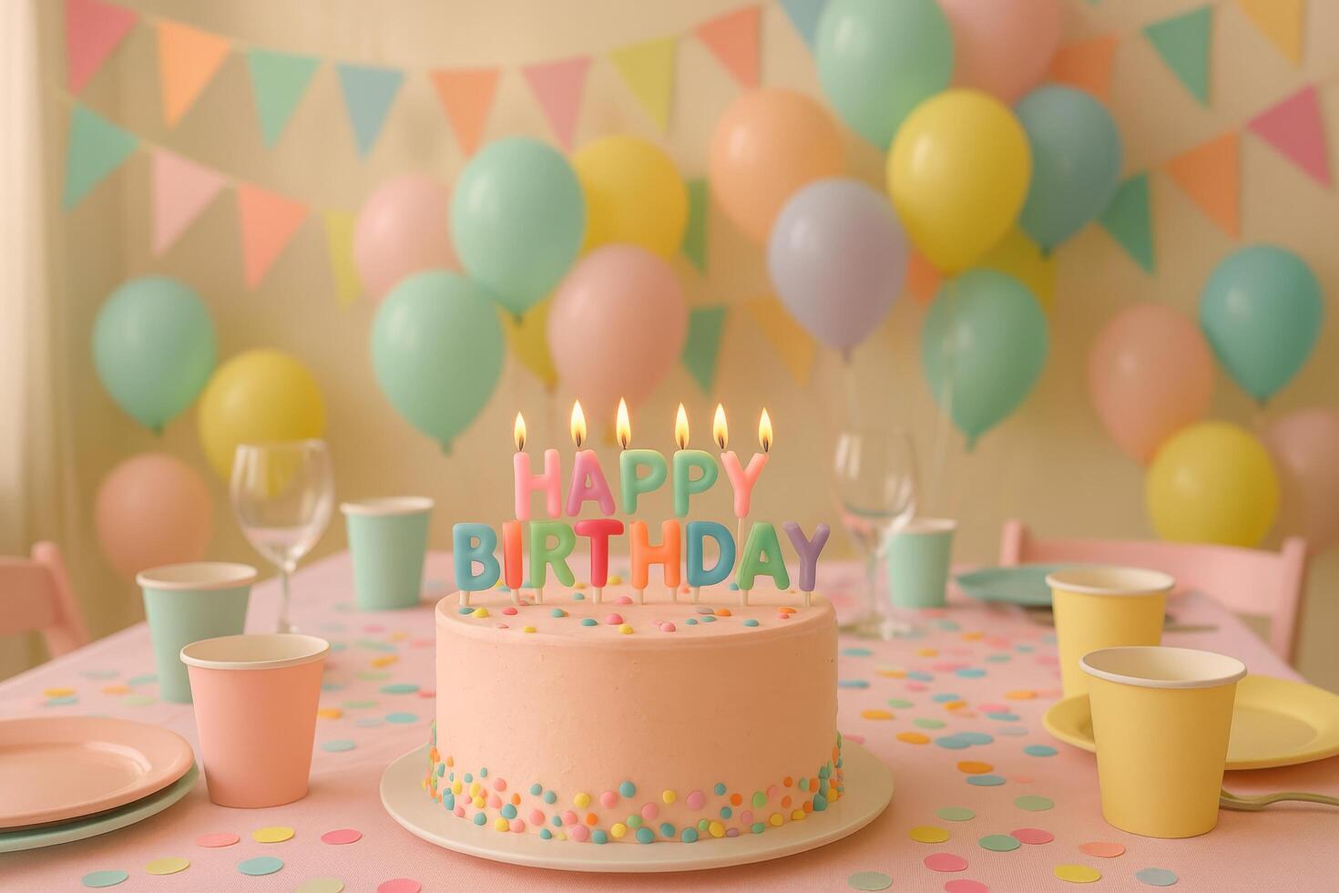 Colorful Birthday Cake With Candles Surrounded by Decorations at a Celebration Party photo