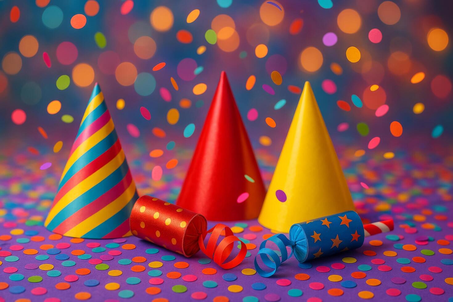 Colorful Party Hats and Confetti Create a Festive Atmosphere for Celebrations and Gatherings photo