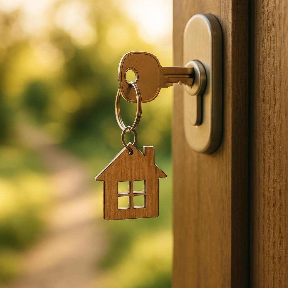 Key in a Door Lock With a House Keychain in a Serene Garden Setting During Golden Hour photo