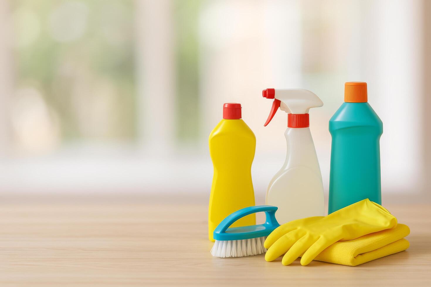 Cleaning Supplies Arranged on a Wooden Table for Home Cleaning Tasks photo
