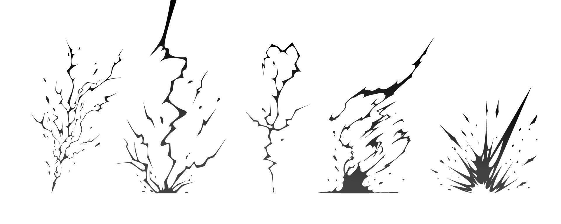 Lightning strike black bolt silhouettes sequence illustration set. vector