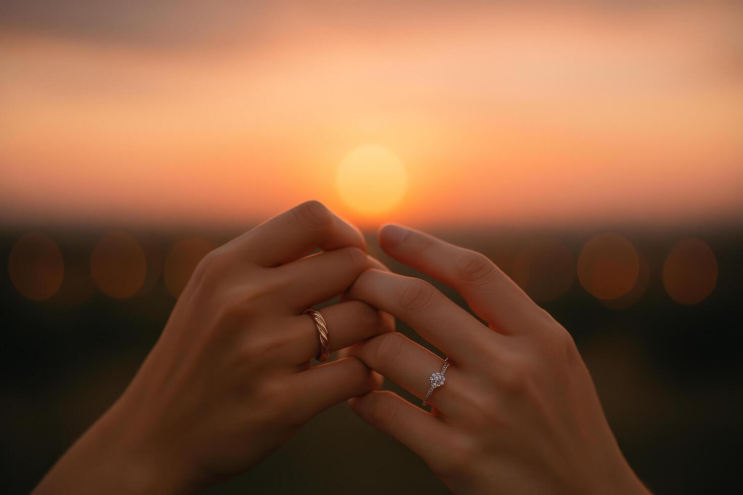 Romantic Sunset Engagement With Intertwined Hands and Rings in the Background photo
