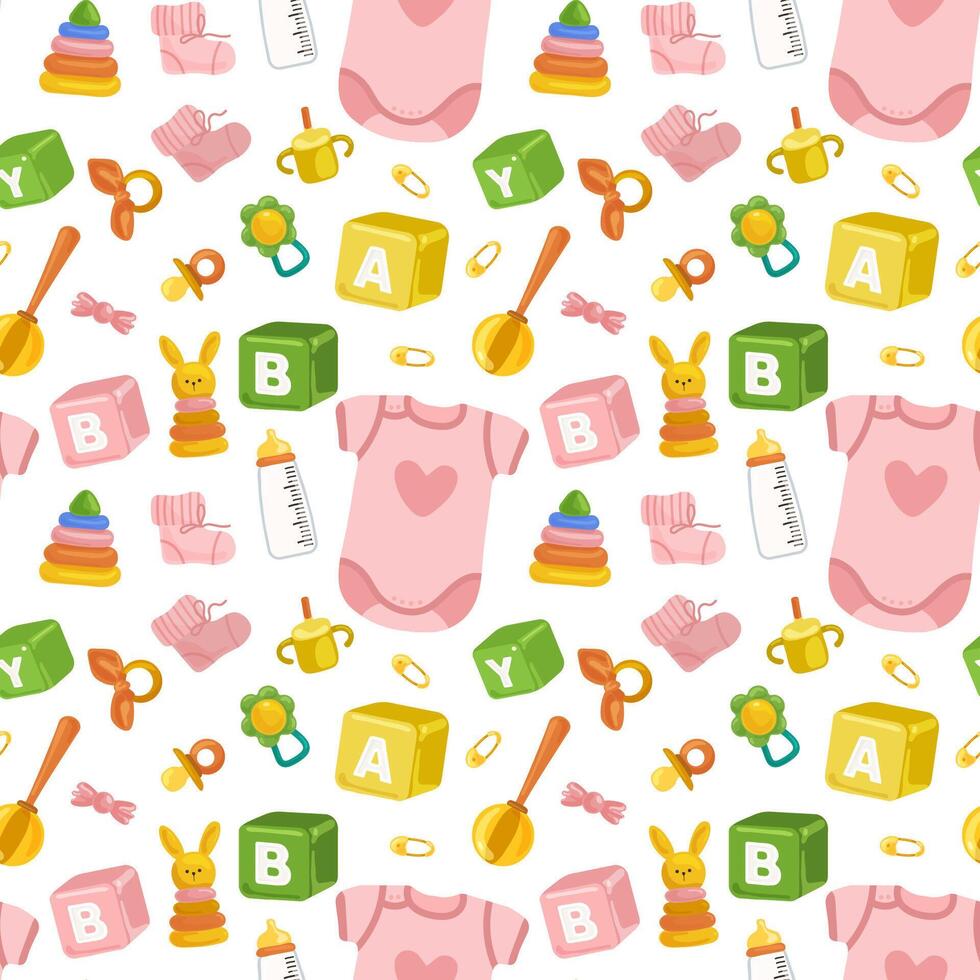Seamless pattern with baby clothes, accessories and wooden toys. Montessori toys. vector