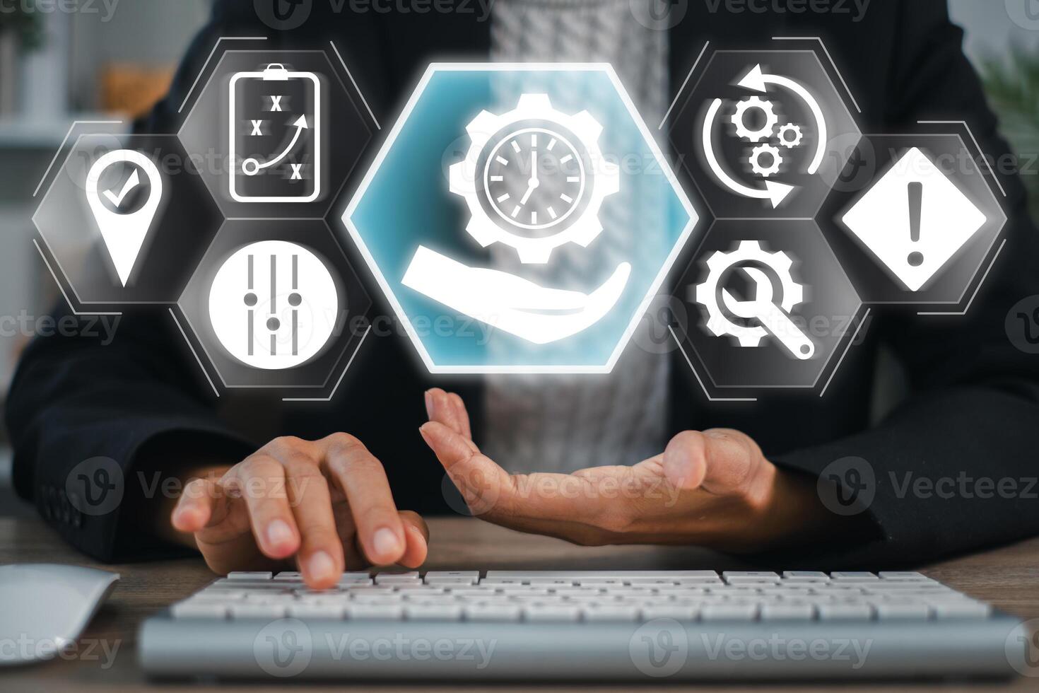 A business professional uses digital tools and icons to manage time effectively, symbolizing productivity and efficient workflow. photo