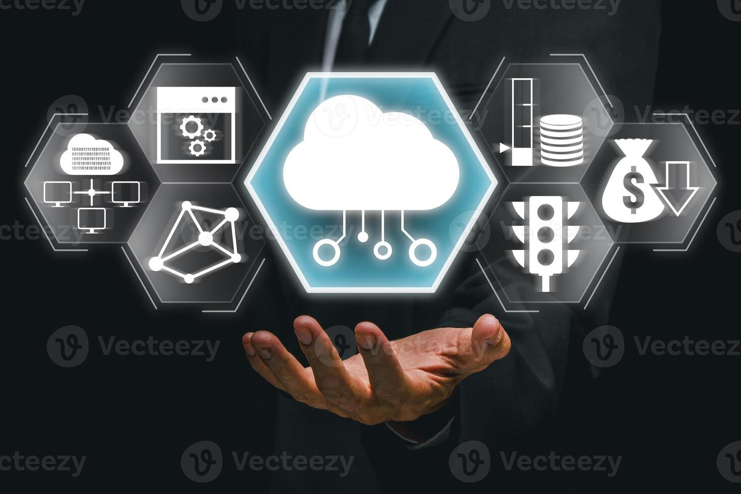 Visual representation of edge computing with cloud and data icons, showcasing modern technology and innovation. photo