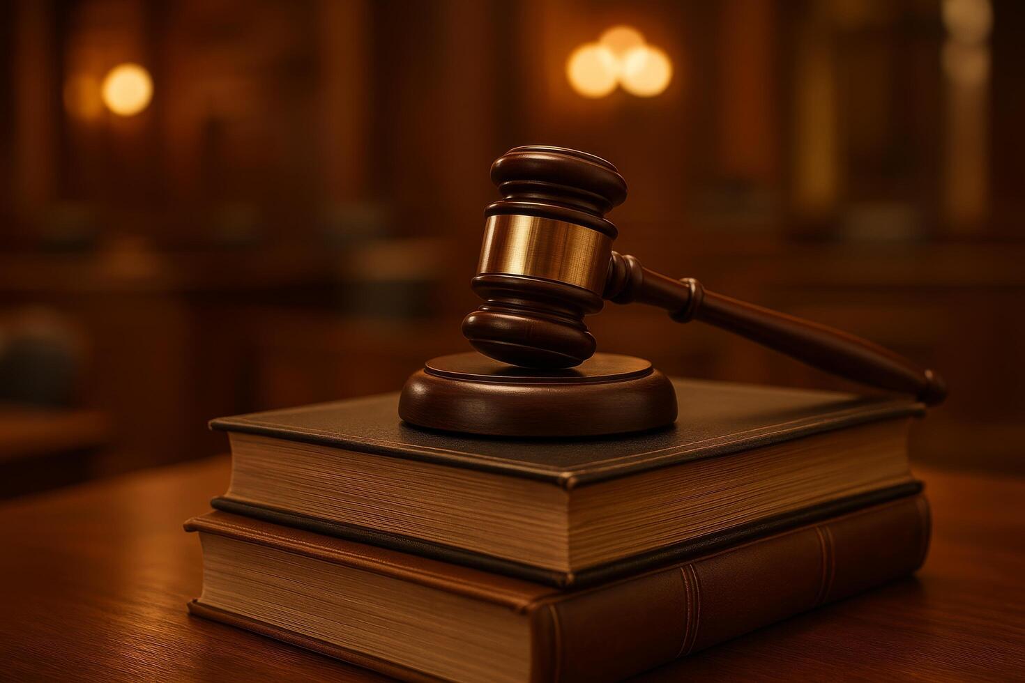 Courtroom Gavel Resting on Legal Books in a Dimly Lit Setting During a Judicial Proceeding photo