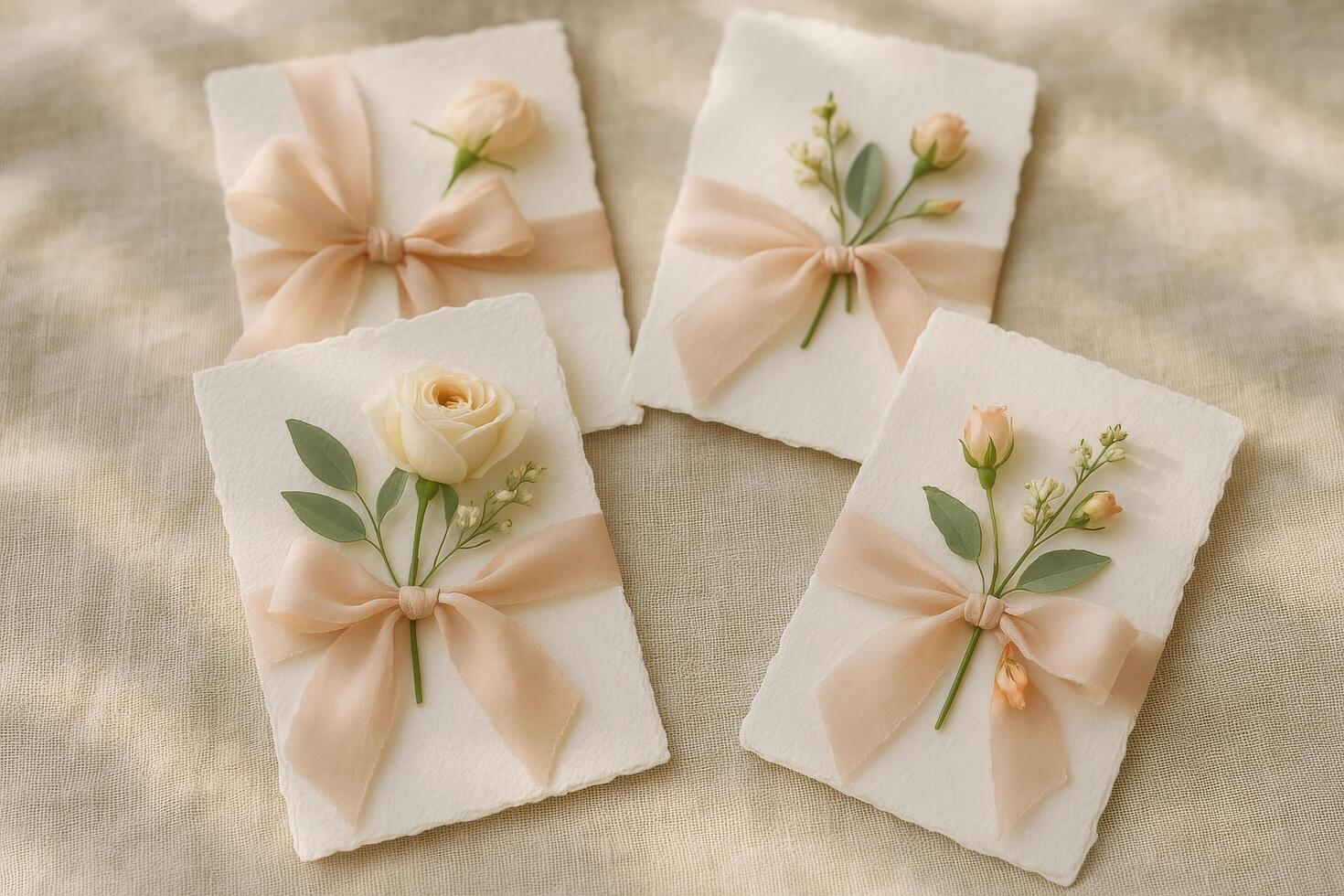 Elegant Handmade Greeting Cards With Soft Ribbons and Delicate Florals on a Neutral Background photo