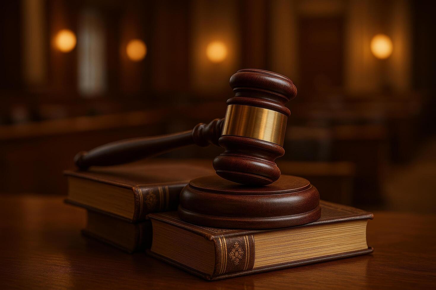 Courtroom Gavel Rests on Legal Books in a Law Setting During a Quiet Afternoon Session photo