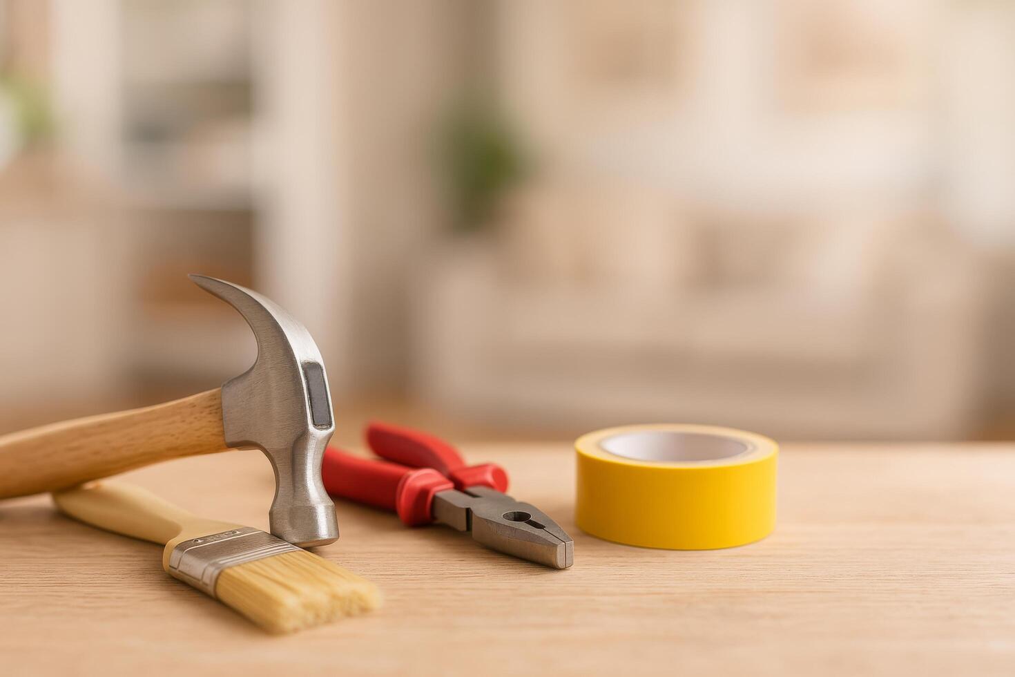 Tools Arranged on a Wooden Surface for Home Improvement Project Preparation in a Well-Lit Room photo
