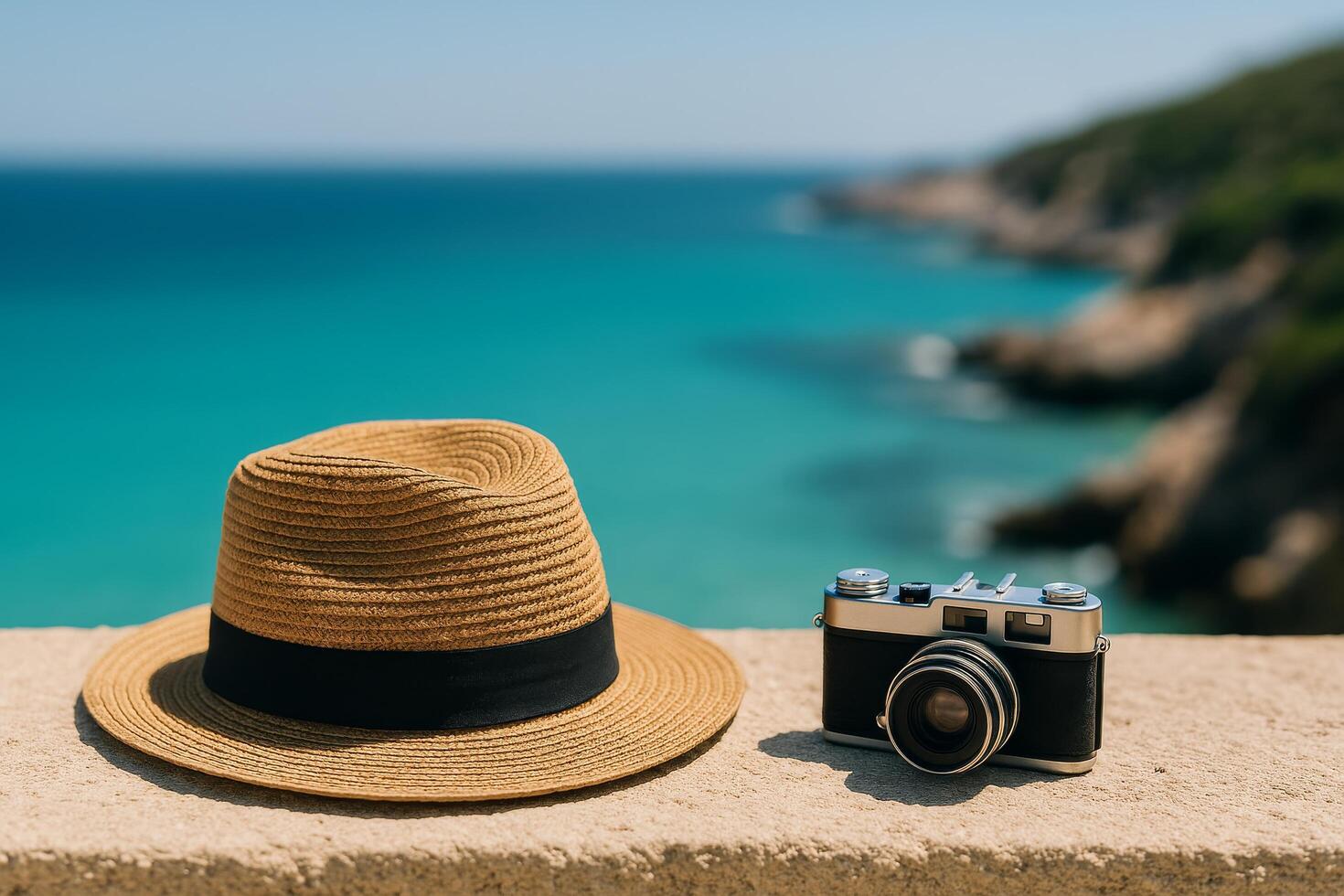 Straw Hat and Camera on Coastal Ledge With Clear Blue Water Backdrop photo