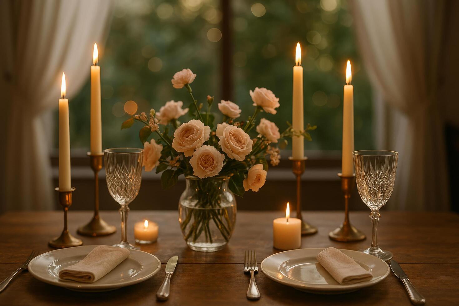 Elegant Dinner Setting With Candles and Flowers in Cozy Interior Space During Evening Hours photo