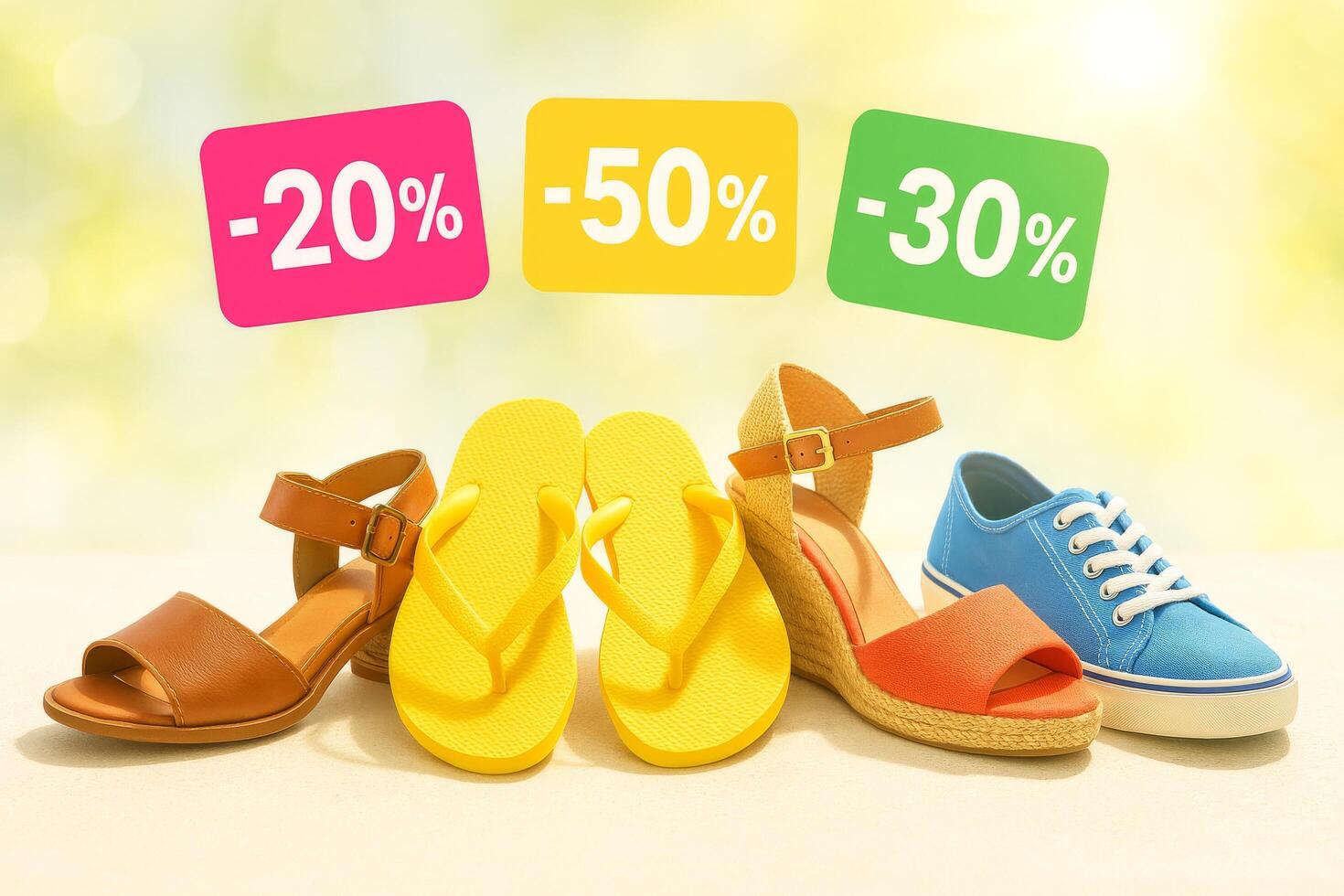 Brightly Colored Footwear is Showcased on a Light Surface, Featuring Sandals, Flip Flops, and Casual Shoes photo