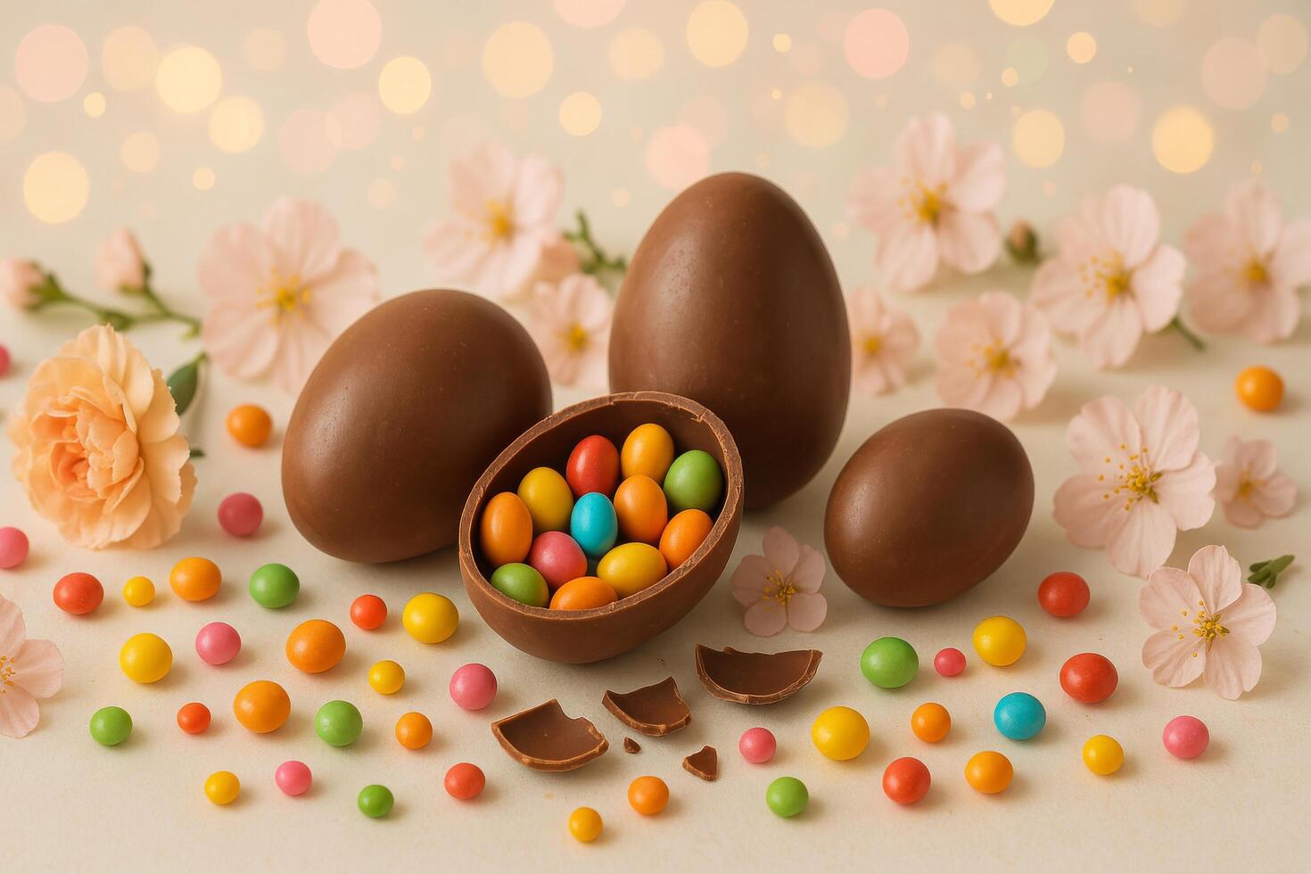 Colorful Chocolate Eggs Surrounded by Flowers and Candy on a Light Background photo