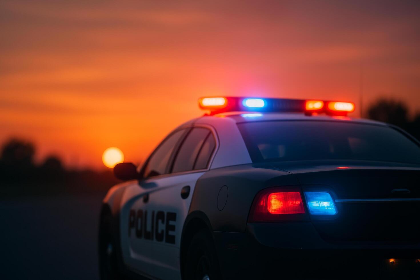 Police Car With Flashing Lights During Sunset on a Quiet Road in the Evening Sky photo