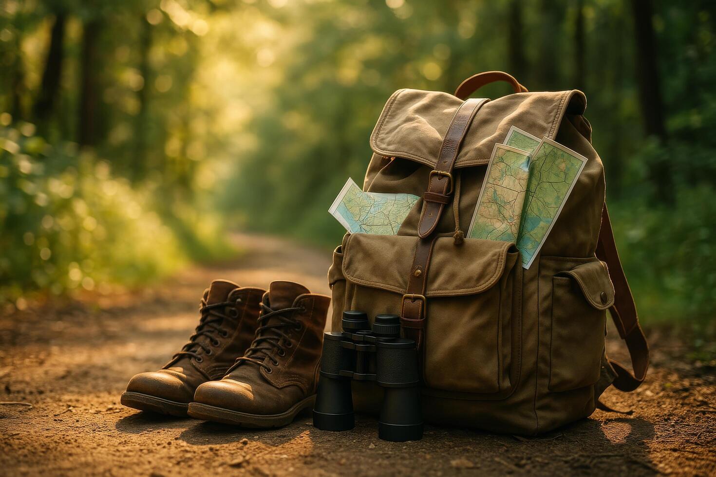 Backpack With Maps and Binoculars by a Forest Trail During Golden Hour photo