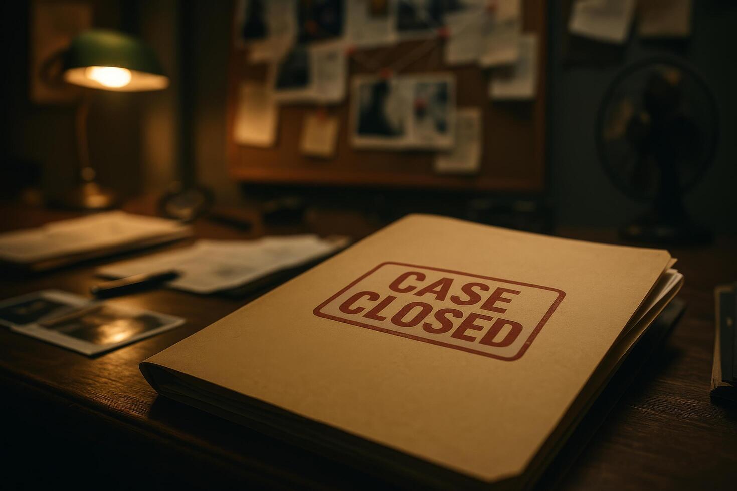 Closed Case File Rests on a Desk in a Dimly Lit Detective Office Filled With Notes photo