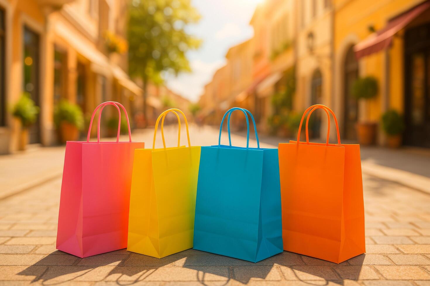 Colorful Shopping Bags on a Sunlit Street Lined With Charming Shops and Greenery photo