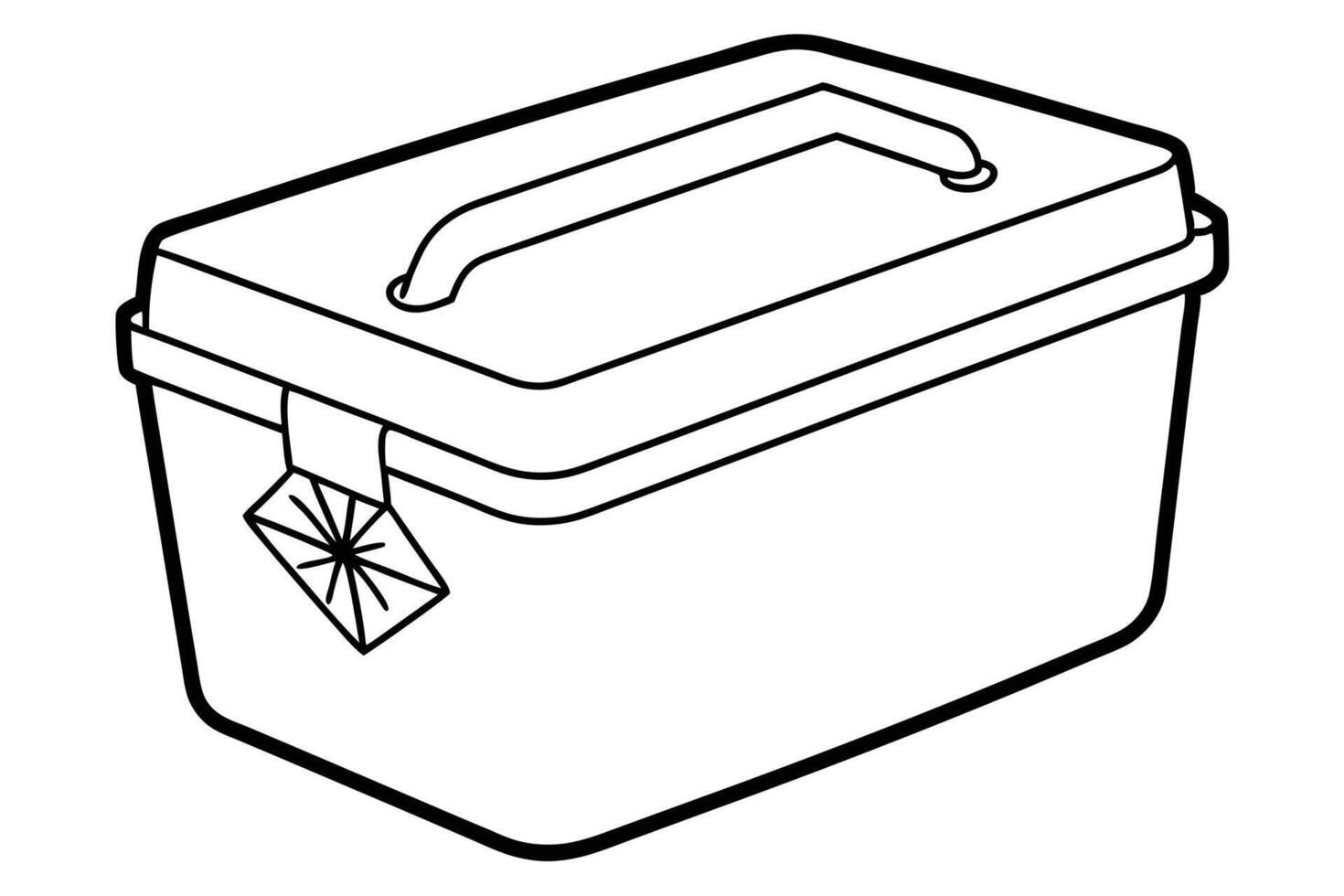 A line art illustration of a plastic cooler box with a sticker. vector