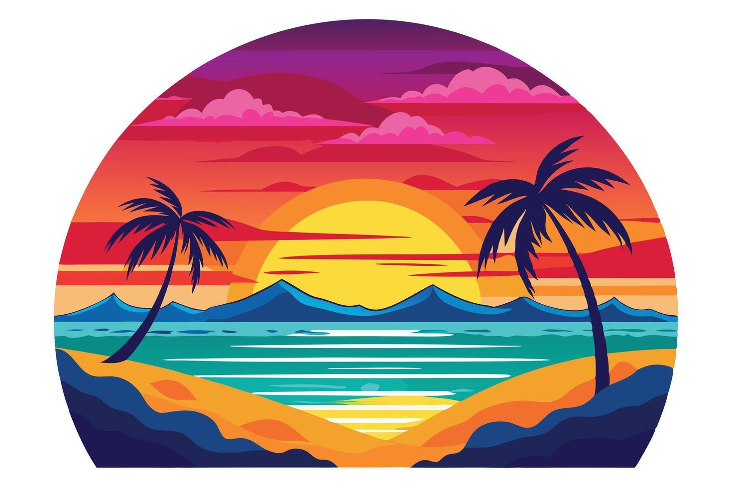 Sunset Beach Scene Captivates with Colorful Tropical Vibes vector