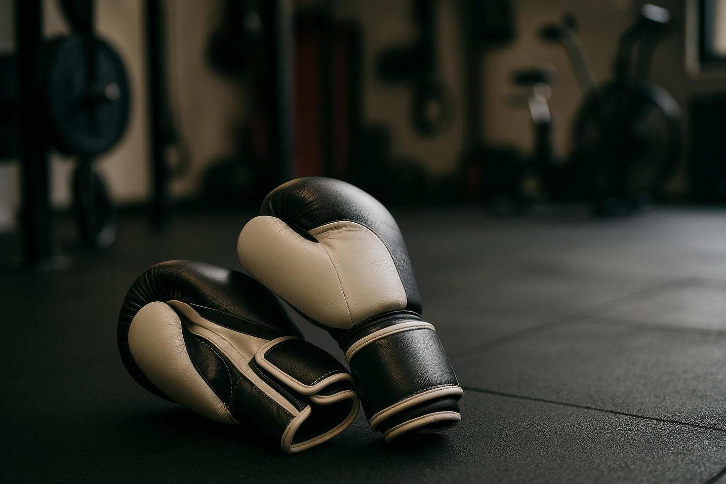 Boxing Gloves Resting on Gym Floor After Intense Workout Session at Local Fitness Center photo